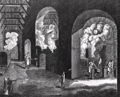 Interior of a Glass Factory by French School